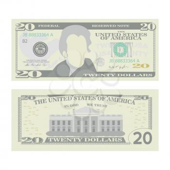 20 Dollars Banknote Vector. Cartoon US Currency. Two Sides Of Twenty American Money Bill Isolated Illustration. Cash Symbol 20