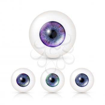 Human Eyeballs Set With Big Irises In Colour. Vector Illustration Of 3d Glossy Detailed Eye With Shadow And Reflection. Cornea. Front View. Isolated On White Background.