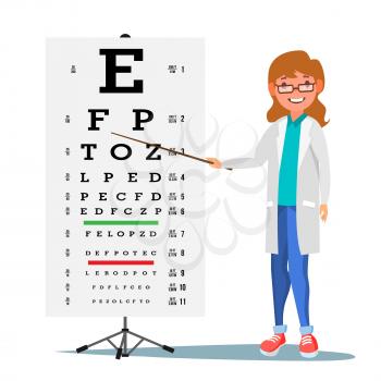 Female Ophthalmology Vector. Medical Eye Diagnostic. Doctor And Eye Test Chart In Clinic. Eyesight Acuity Exam Diagnostic Of Myopia. Vision Exam. Medicine Concept. Isolated Illustration