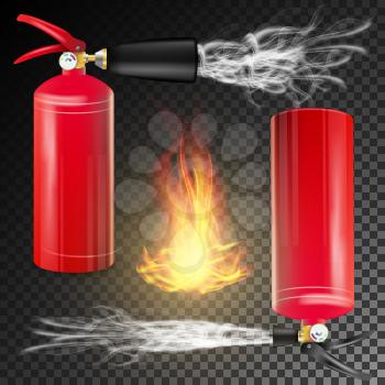 Fire Extinguisher Vector. Sign 3D Realistic Fire Flame And Red Fire Extinguisher. Transparent Background Illustration