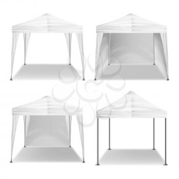 White Folding Tent Mockup Vector. Promotional Outdoor Event Trade Show Pop-Up Tent Mobile Marquee, Template. Product Advertising