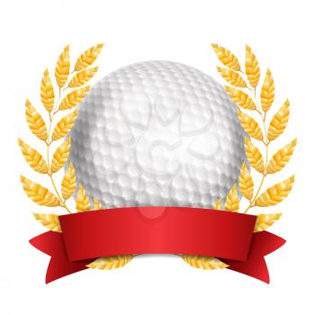 Golf Award Vector. Sport Banner Background. White Ball, Red Ribbon, Laurel Wreath. 3D Realistic Isolated