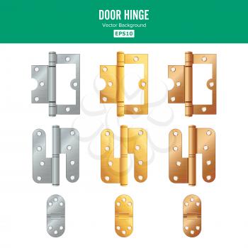 Door Hinge Vector. Set Classic And Industrial Ironmongery Isolated On White Background. Simple Entry Door Metal Hinge Icon. Stainless Steel, Copper, Bronze, Gold, Brass. Stock Illustration.