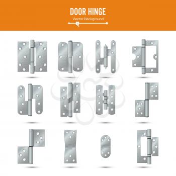 Door Hinge Vector. Set Classic And Industrial Ironmongery Isolated On White Background. Simple Entry Door Metal Hinge Icon. Stainless Steel. Stock Illustration.