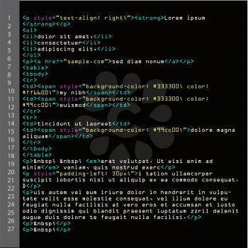 HTML Simple Code Vector. Colorful Abstract Program Tags In Developer View. Screen Of Colored Lighted Syntax Of Source Code