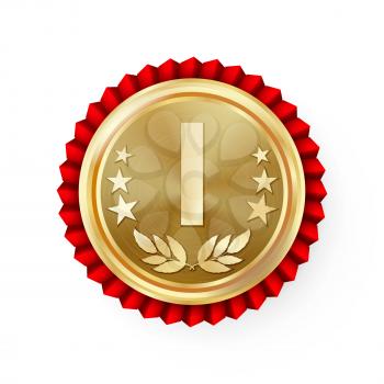 Gold 1st Place Rosette, Badge, Medal Vector. Realistic Achievement With Best First Placement. Round Championship Label With Red Rosette. Ceremony Winner Honor Prize.