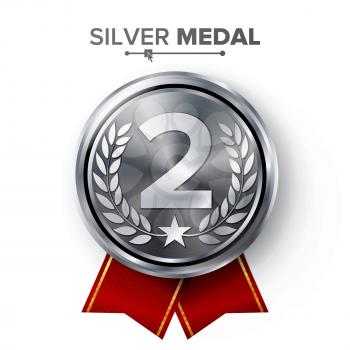Silver 2st Place Medal Vector. Metal Realistic Badge With Second Placement Achievement. Round Label With Red Ribbon, Laurel Wreath. Winner Honor Prize.