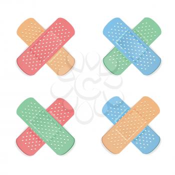 Medical Patch Vector. First Aid Band Plaster Strip Medical Patch Icon Set. Two Sides. Different Plasters Types. Realistic Illustration Isolated On White