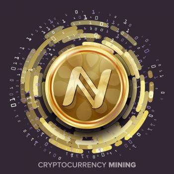 Mining Namecoin Cryptocurrency Vector. Golden Coin, Digital Stream. Futuristic Money. Fintech Blockchain. Processing Binary Data Arrays Operation.