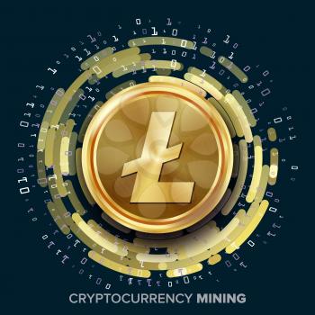 Mining Litecoin Cryptocurrency Vector. Golden Coin, Digital Stream. Futuristic Money. Fintech Blockchain. Processing Binary Data Arrays Operation.