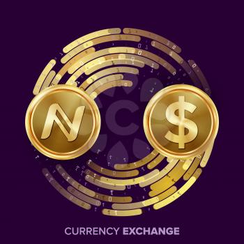 Digital Currency Money Exchange Vector. Namecoin, Dollar. Fintech Blockchain. Gold Coins With Digital Stream. Cryptography. Conversion Commercial Operation. Business Investment