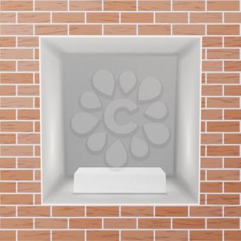 Empty Niche Vector. Realistic Brick Wall. Clean Empty Shelf, Niche, Showcase In The Wall. Mock Up. Good For Presentations, Display Your Product. Illuminated Light Lamp