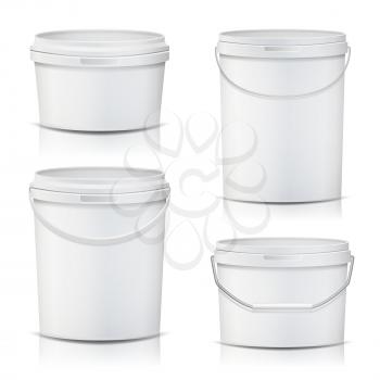 3D Bucket Set Vector. Realistic. Mock Up Plastic Container. Illustration