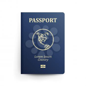 Passport With Map. Realistic Vector Illustration. Blue Passport With Globe. International Identification Document. Front Cover