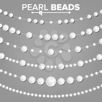 Pearl Beads Set Vector. 3D Realistic Shiny White Garlands. Necklace Jewelry. Wedding, Christmas Decoration. Illustration