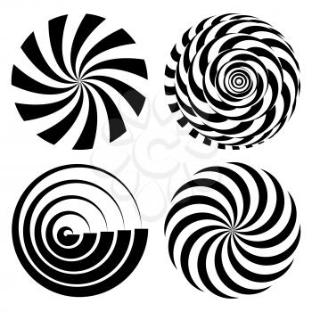 Radial Spiral Rays Set. Vector Psychedelic Illustration. Twisted Rotation Effect. Swirling Monochrome Shapes. Black And White Vortex Background. Black And White Hypnosis