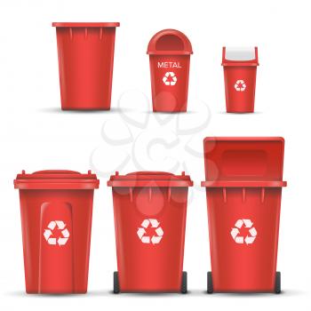 Red Recycling Bin Bucket Vector For Metal Trash. Opened And Closed. Front View. Sign Arrow. Isolated