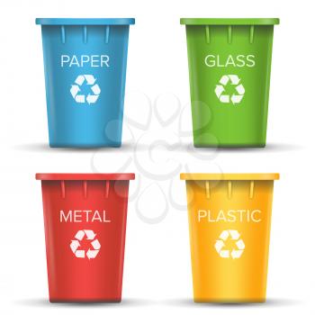 Recycling Buckets For Trash Vector. Set Of Red, Green, Blue, Yellow, White Buckets. For Paper, Glass, Metal, Plastic Sorting Isolated Illustration