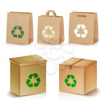 Recycling Paper Bags And Boxes. Realistic Blank Ecologic Craft Package. Illustration Of Recycled Brown Shopping Paper Bags And Boxes With Recycling Symbol. Isolated