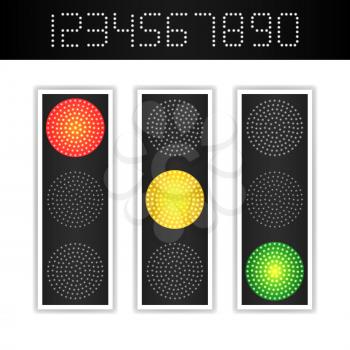 Road Traffic Light Vector. Realistic LED Panel With Time. Sequence Lights Red, Yellow, Green. Go, Wait, Stop Signals. Isolated On White