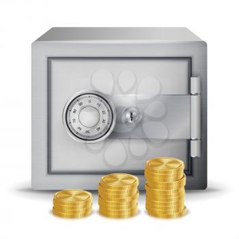 Safe And Money Stacks Vector. Metal Coins. Vector Isolated Illustration