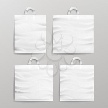 Empty Reusable Plastic Shopping Realistic Bags Set With Handles. Close Up Mock Up. Vector