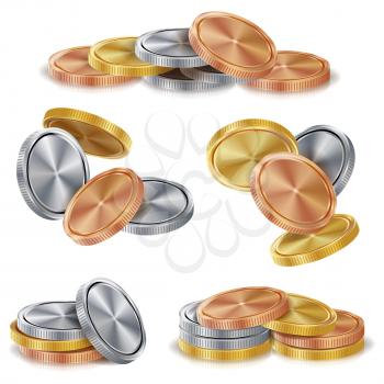 Gold, Silver, Bronze, Copper Coins Stacks Vector. Golden Finance Icons, Sign, Success Banking Cash Symbol. Realistic Isolated Illustration
