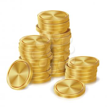 Gold Coins Stacks Vector. Golden Finance Icons, Sign, Success Banking Cash Symbol. Investment Concept. Realistic Currency Isolated