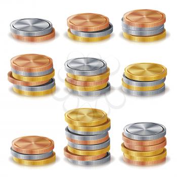 Gold, Silver, Bronze, Copper Coins Stacks Vector. Realistic Isolated Illustration