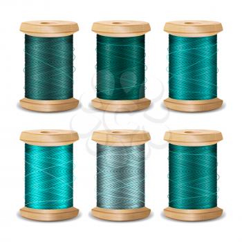 Thread Spool Set. Bright Old Wooden Thread Spool Bobbin. Isolated On White Background For Needlework And Needlecraft. Stock Vector Illustration