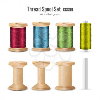 Thread Spool Set. Bright Plastic And Wooden Bobbin. Isolated On White Background For Needlework And Needlecraft