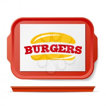 Red Plastic Tray Salver Vector. Classic Rectangular Red Plastic Tray. Good For Advertising, Branding Design. Top View. Restaurant, Fast Food Close Up Tray Isolated