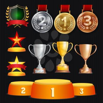 Vector Awards And Trophies Collection. Golden Badges And Labels. Championship Design. 1st, 2nd, 3rd Place. Golden, Silver, Bronze Achievement Badge