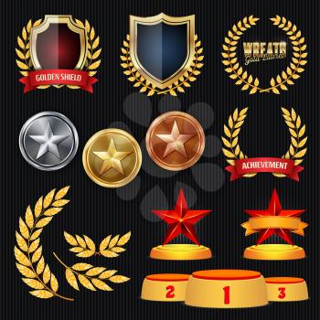 Vector Awards And Trophies Collection. Golden Badges And Labels. Championship Design. 1st, 2nd, 3rd Place. Golden, Silver, Bronze Achievement Badge