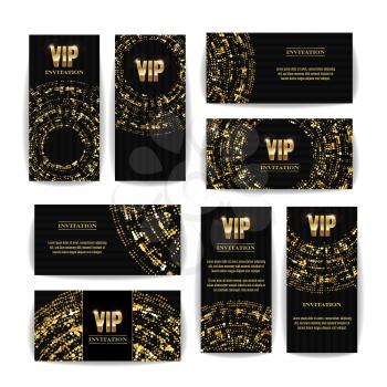 VIP Invitation Card Vector Set. Party Premium Blank Poster Flyer. Black Golden Design Template. Decorative Vector Background. Elegant Template Luxury