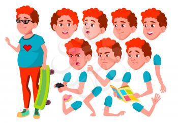 Teen Boy Vector. Teenager. Fun, Cheerful. Red Head. Fat Gamer. Face Emotions, Various Gestures. Animation Creation Set. Isolated Cartoon Character Illustration