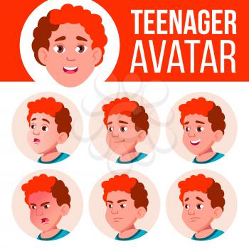 Teen Boy Avatar Set Vector. Face Emotions. Children. Red Head. Fat Gamer. Beautiful, Funny Head Illustration