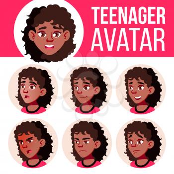 Teen Girl Avatar Set Vector. Black. Afro American. Face Emotions. Children, Young People. Life, Emotional Head Illustration