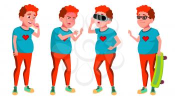 Teen Boy Poses Set Vector. Red Head. VR Glasses. Fat Gamer. Positive Person. For Postcard, Cover, Placard Design. Cartoon Illustration