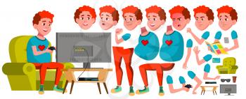 Teen Boy Vector. Animation Creation Set. Face Emotions, Gestures. Fun, Cheerful. Red Head. Fat Gamer. Animated. For Card Advertisement Greeting Design Cartoon Illustration