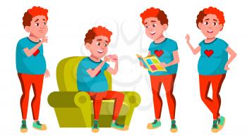 Teen Boy Poses Set Vector. Red Head. Fat Gamer. Face. Children. For Web, Brochure, Poster Design Cartoon Illustration