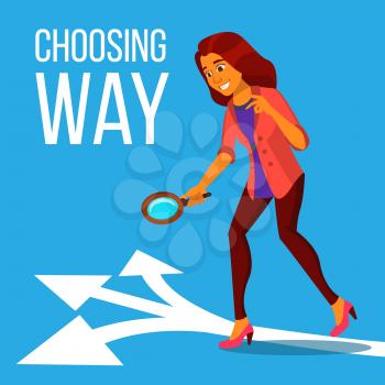 Business Woman Standing On Three Arrows Choosing The Business Way Vector. Illustration