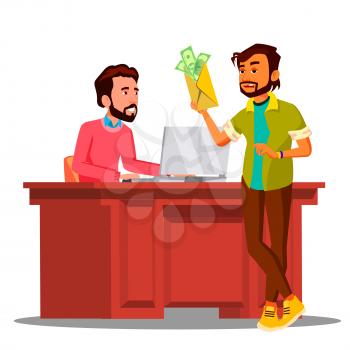 Corruption, Man Giving Money To Chief Sitting In Chair At The Table In Office Vector. Illustration