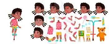 Girl Kindergarten Kid Vector. Black. Afro American. Animation Creation Set. Face Emotions, Gestures. Active, Joy Preschooler Playing. For Postcard, Cover Design Animated Illustration