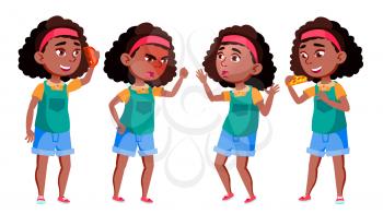 School Girl Set Vector. Black. Afro American. Positive Kid. For Postcard, Cover, Placard Design Isolated Illustration