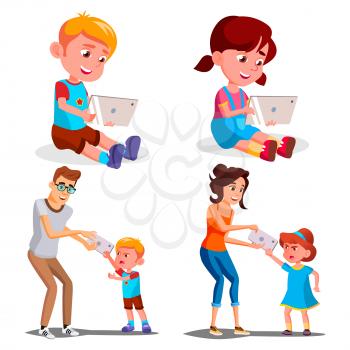 Children s Gadget Dependence Vector. Father, Mother Takes Smartphone From Daughter. Internet Addiction. Modern Technologies. Isolated Illustration