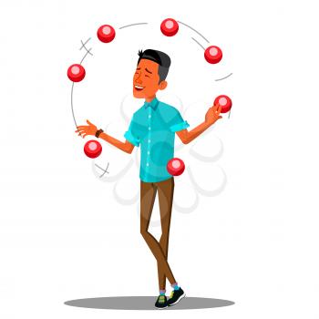 Young Man Juggling With Colored Balls Vector. Illustration