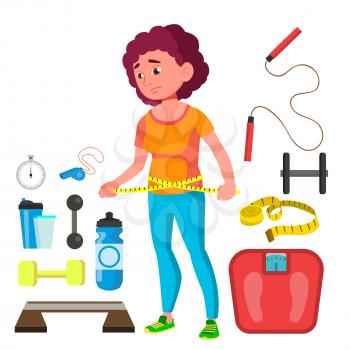 Young Fitness Girl With Measuring Tape Around Her Waist Vector. Illustration