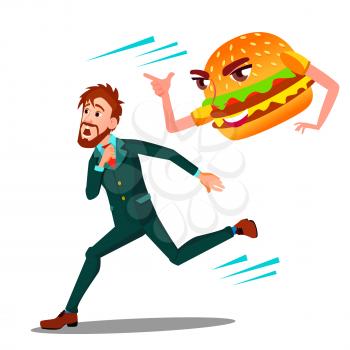 Scared Man Runing Away From Hamburger Vector. Isolated Illustration