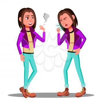 Young Girl Teenager Smoking And Coughing Vector. Illustration